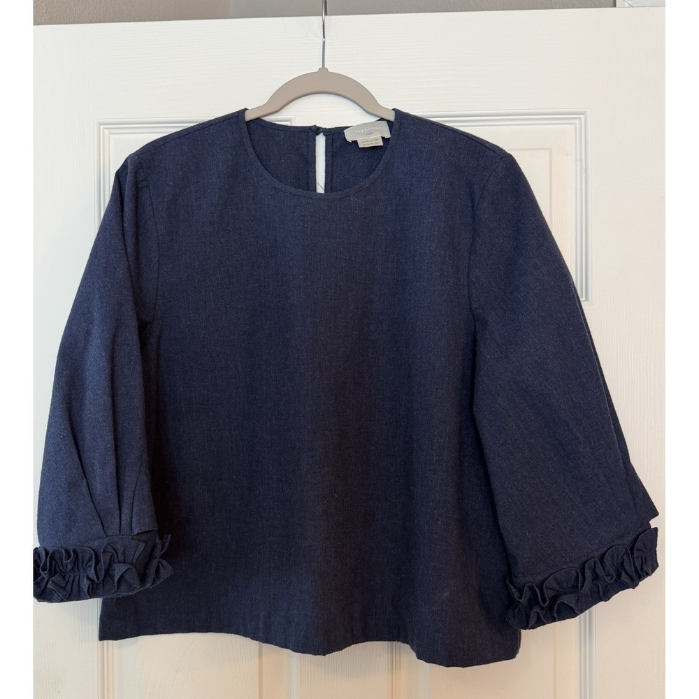 M. Patmos Denim‎ Cotton Top Blue Ruffle Cuff Keyhole Boxy Lagenlook Minimalist L